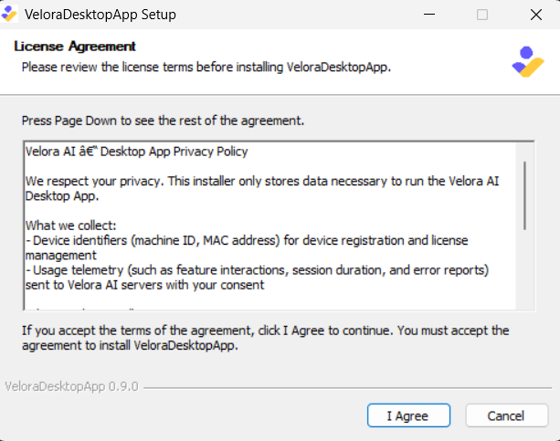 Installer showing the Velora AI privacy policy with an I Agree button