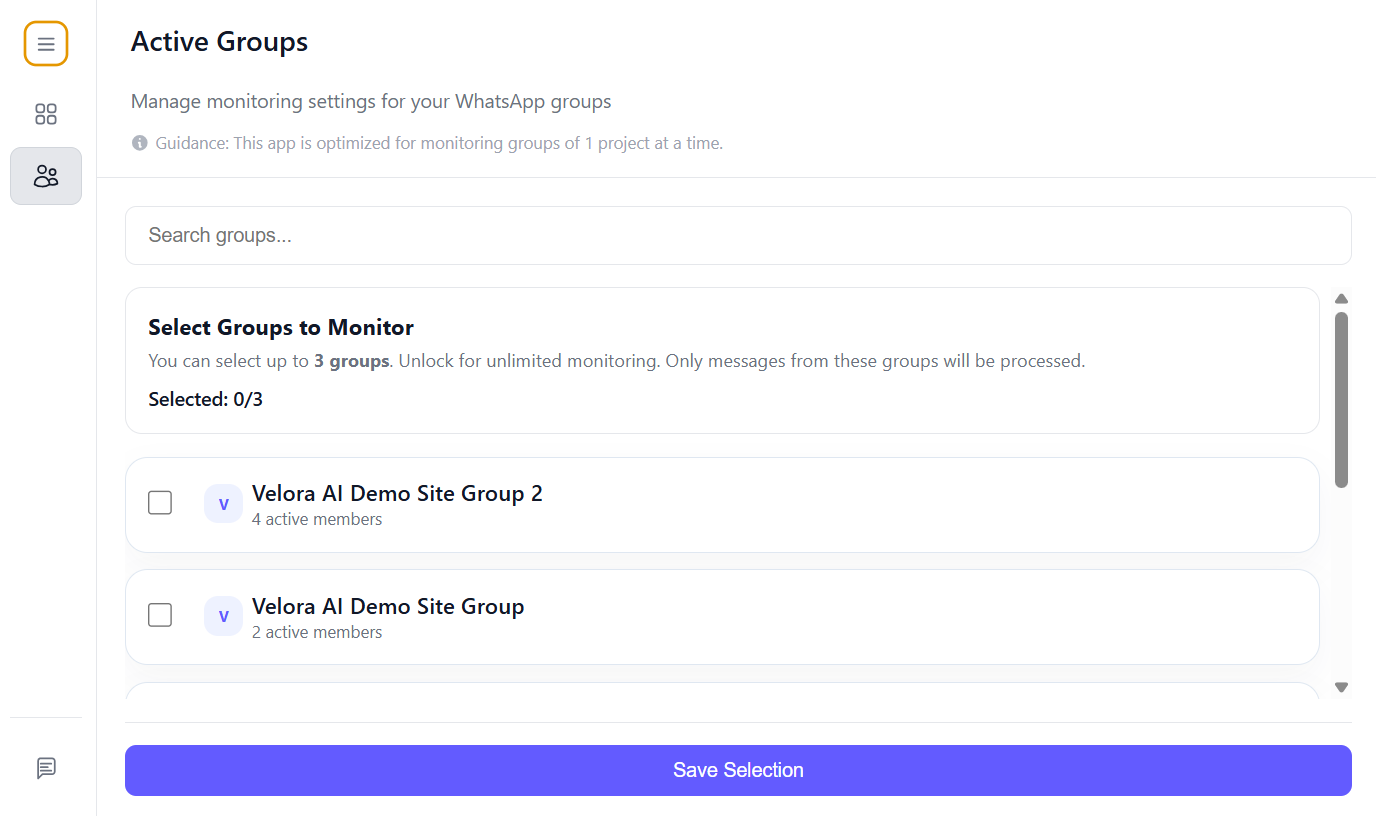 Group selection screen listing WhatsApp groups with checkboxes and a Save Selection button