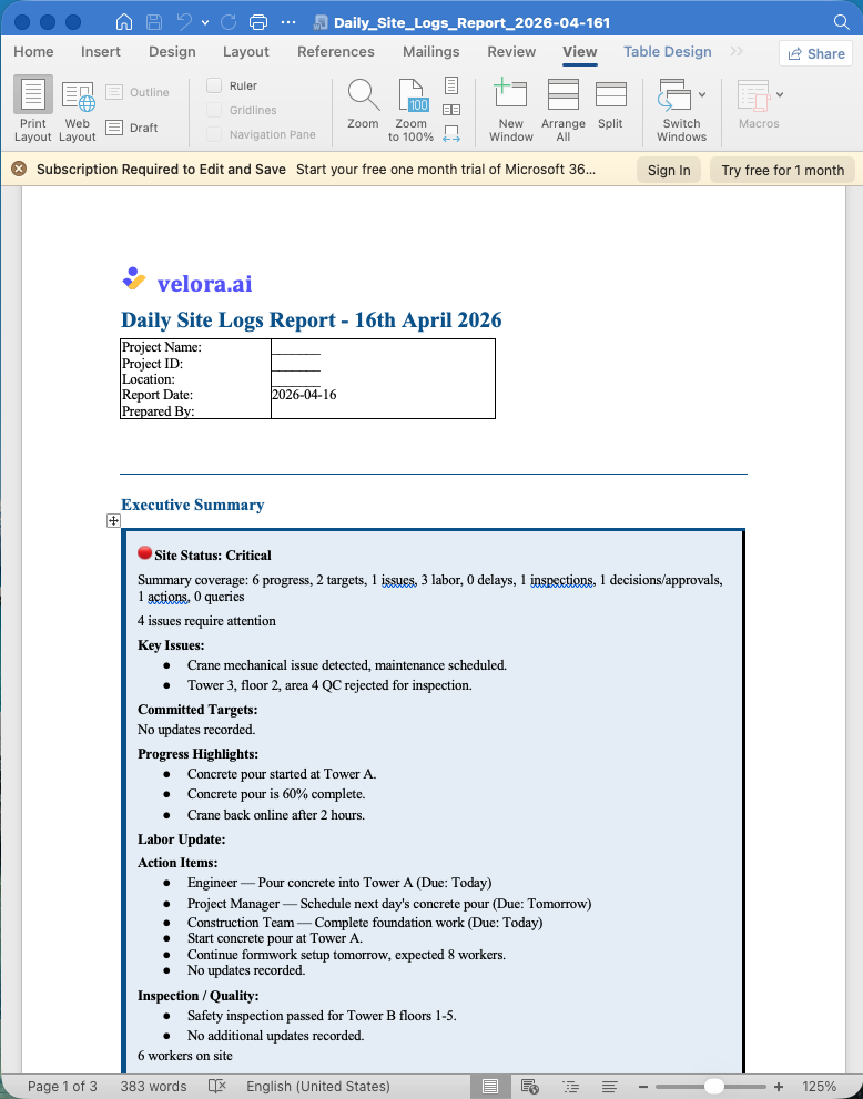 Velora AI daily log report showing a formatted daily progress report generated from WhatsApp messages