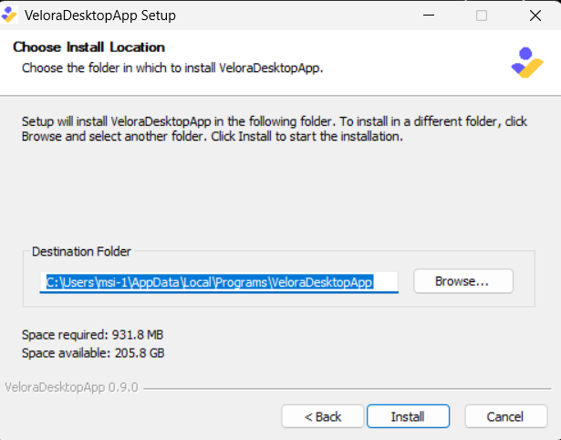 Installer screen showing the install path with a Browse button and Install to proceed