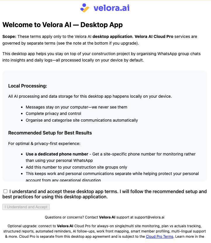 Velora AI Terms of Service screen with an Accept button