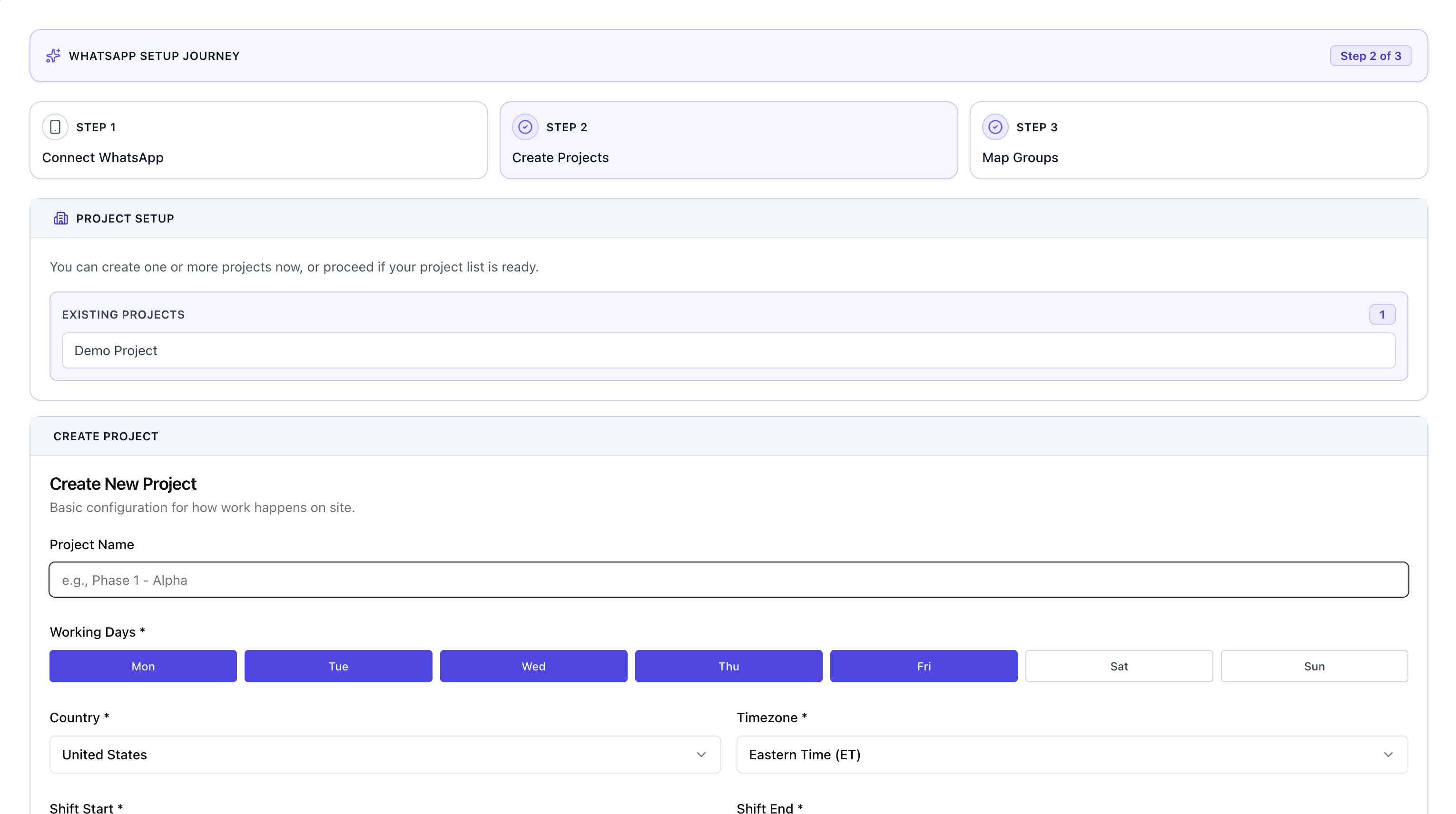 Velora Site Pro project list showing an existing project and an option to add another project