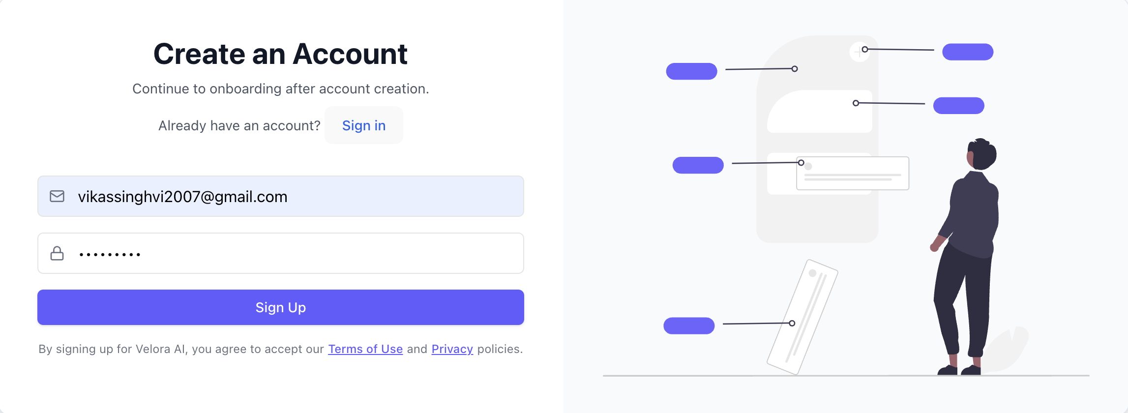Velora Site Pro sign-up screen showing email and password fields alongside a Sign in with Google option